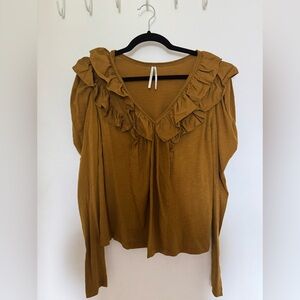 Anthropologie Mustard-colored blouse with collar and ruffles